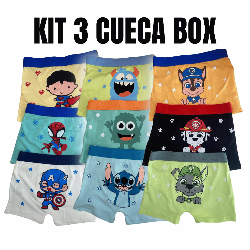 Kit 3 Peças Váriadas Cuecas Masculinas Infantis Modelo Penteado Lindas Estampas em Oferta na Shopee