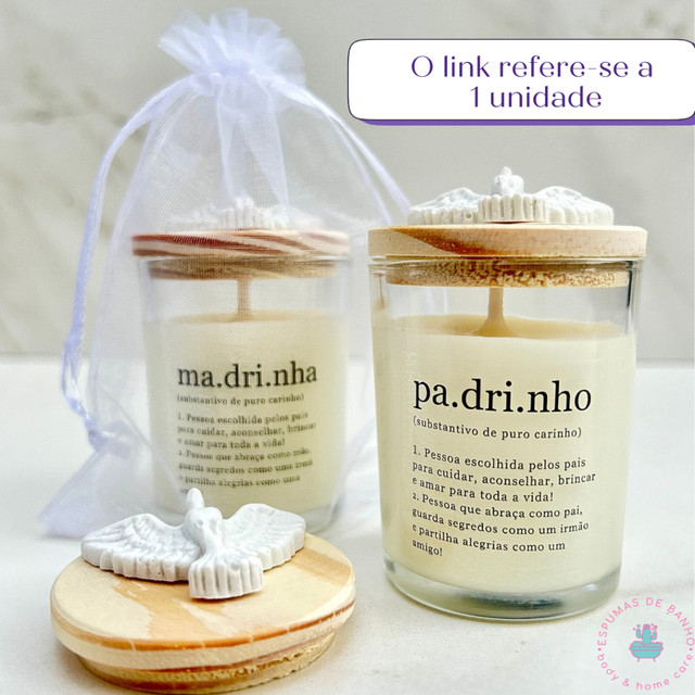 Lembrancinha de Batizado para Padrinhos Vela Aromática + Saco de organza e Divino Espírito Santo