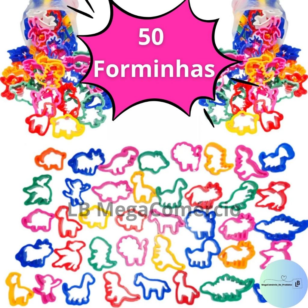 Kit 50 Cortador de Massinha Neon Forminha Molde Modelar Dinossauro Safari Lembrancinha Aniversario Prenda