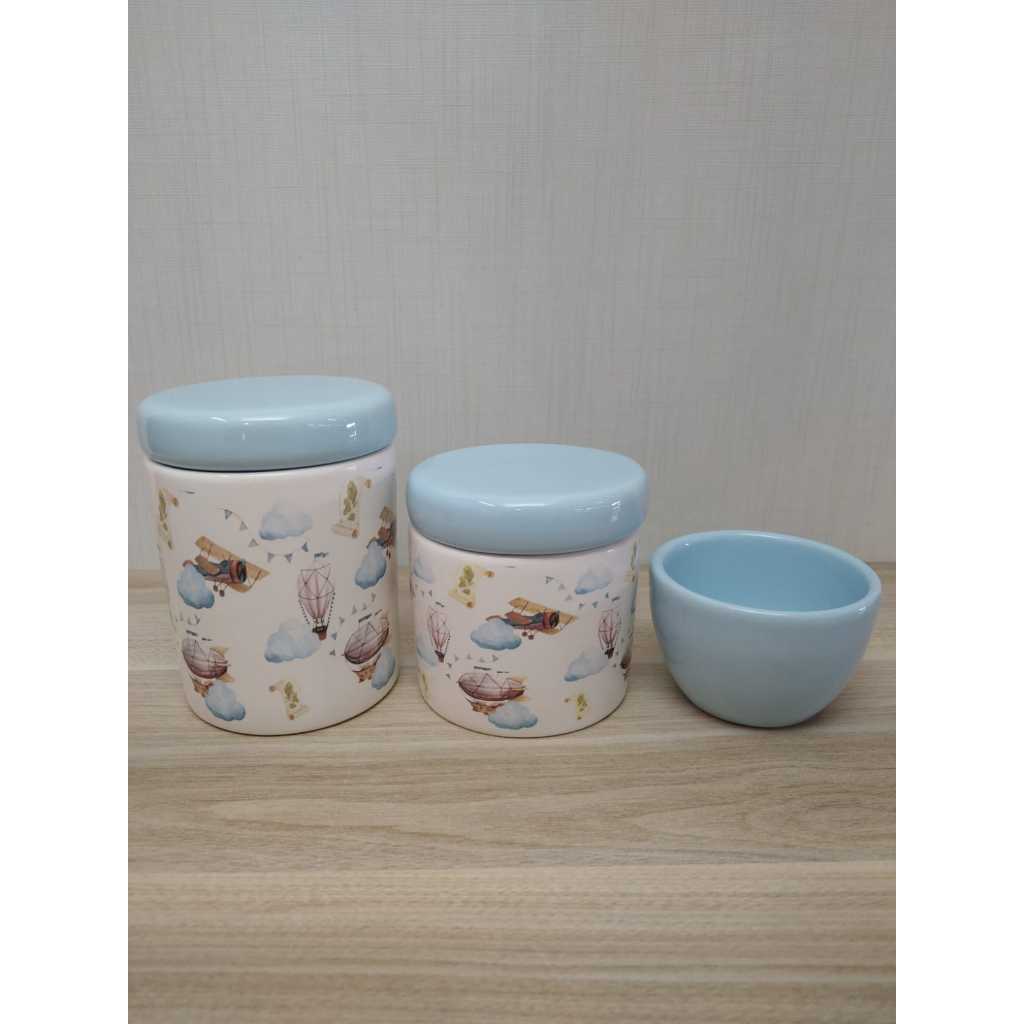 Kit Higiene Bebe de Porcelana Aviador Balão e Avião com Tampa Azul Candy 3 Peças