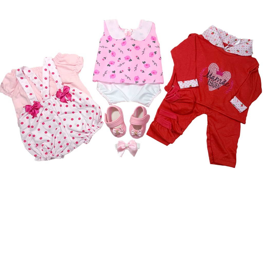 Kit Roupinha Bebê Reborn 2 Jardineiras + Pijama 5 Peças + Tiara + Sapatinho em Oferta na Shopee