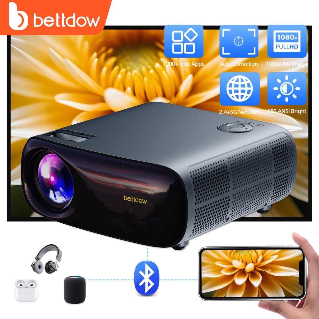 BETTDOW 1080P 2.4GHz + 5G WiFi Projector 22000ML Suporta HDR10 Full HD 4K Decodificação Correção Automática