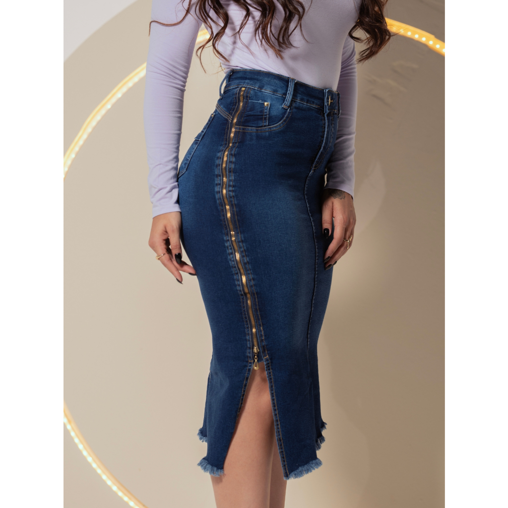 Saia Jeans Moda Evangelica Midi Ziper Lateral Ref.177