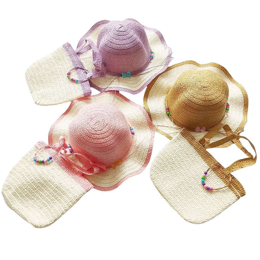 Kit Chapéu Infantil Feminino Com Bolsinha de Miçanga Moda Praia Verão Palha Sintética Com Cordão