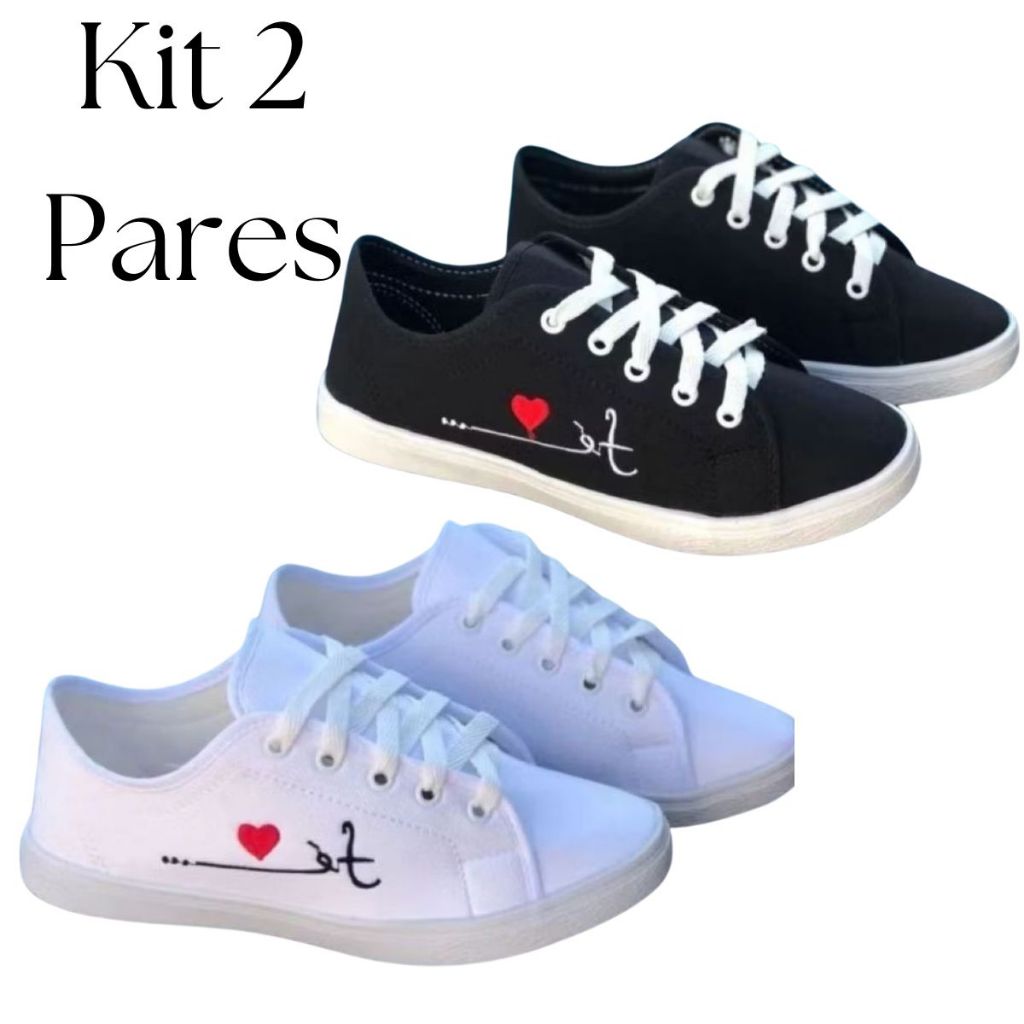 Kit 2 Pares de Tênis Femininos Preto Branco Fé Tradicional Confortável em Oferta na Shopee