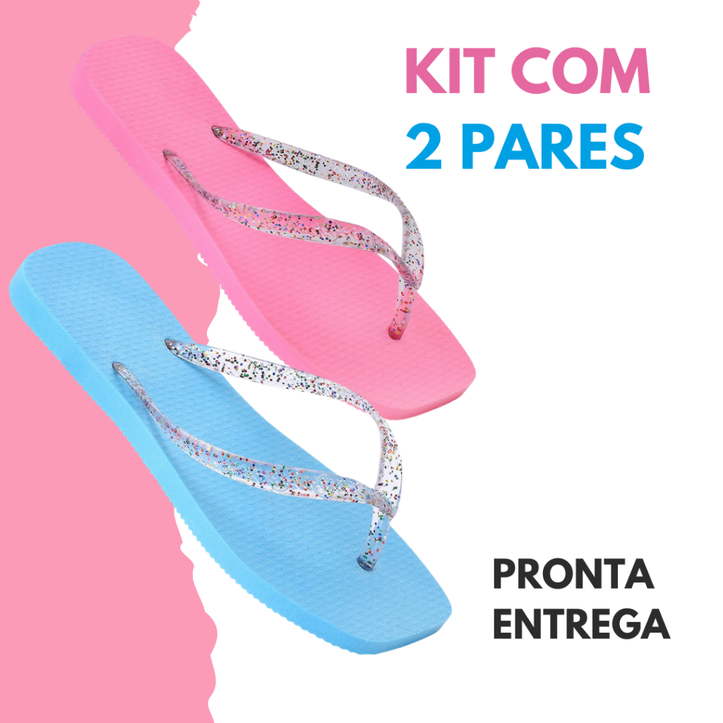 Kit 2 Chinelo Sandália Feminino Correira Glitter Adulto Infantil 33-40 Sola Macia Leve Envio Rápido