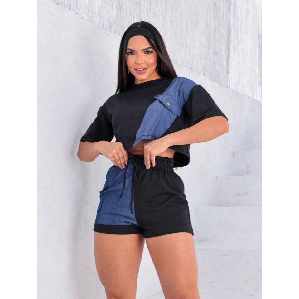 Conjunto Moletom Feminino Short Com Detalhes em Jeans Curto Cós Alto E Blusa Cropped Top Moletinho 2025