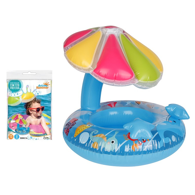 Boia Bote Bebê Inflável Com Cobertura Proteção Solar Criança 70cm para Piscina Praia ArtSummer