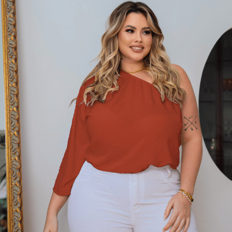 Bata Feminina Blusa Plus Size Manga Nula Ombro Nu Elástico Soltinha Cropped Manga Godê 3/4 Blogueira