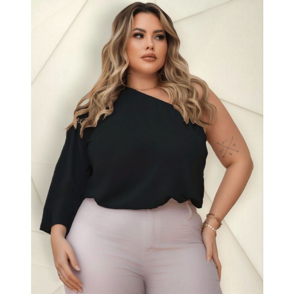 Blusa Feminina Manga Única Mula Manca Elástico Ajustável Plus Size Casual Bata Cropped Fresquinha