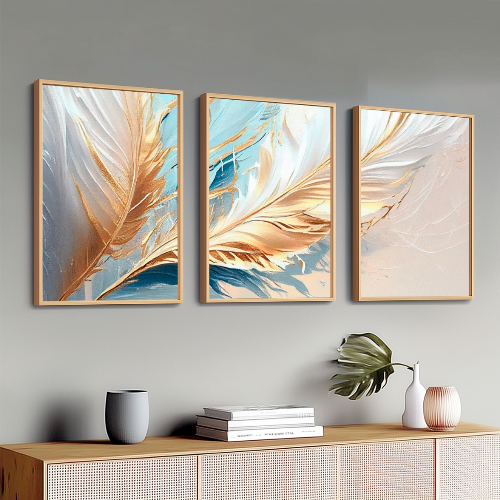 Trio Quadros Decorativos Modernos Penas Douradas Grande Sala Moldura De Madeira
