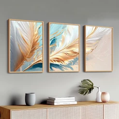 Trio Quadros Decorativos Modernos Penas Douradas Grande Sala Moldura De Madeira