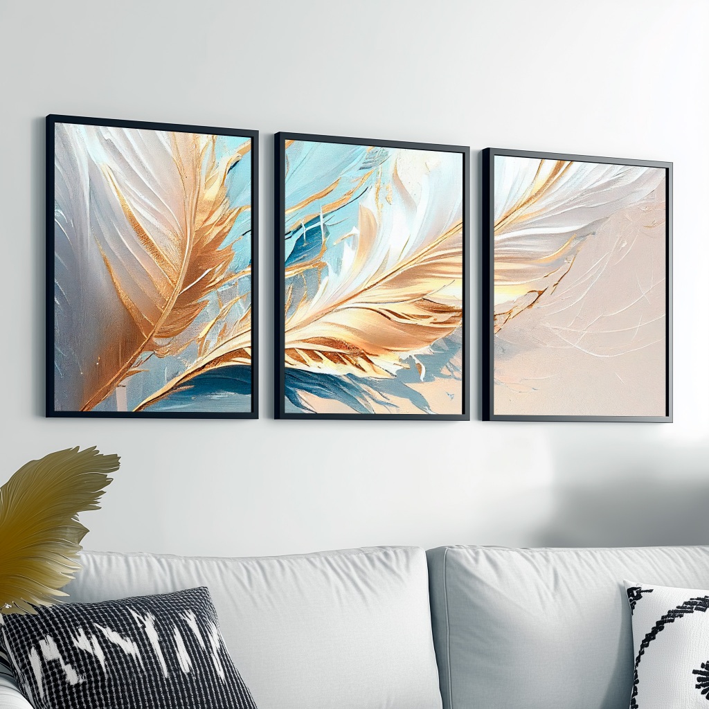 Kit 3 Quadros Decorativos Grande Luxuoso Moldura 50X70 cm Penas Douradas Para Sala De Estar Escritório — imagem 2 de 2