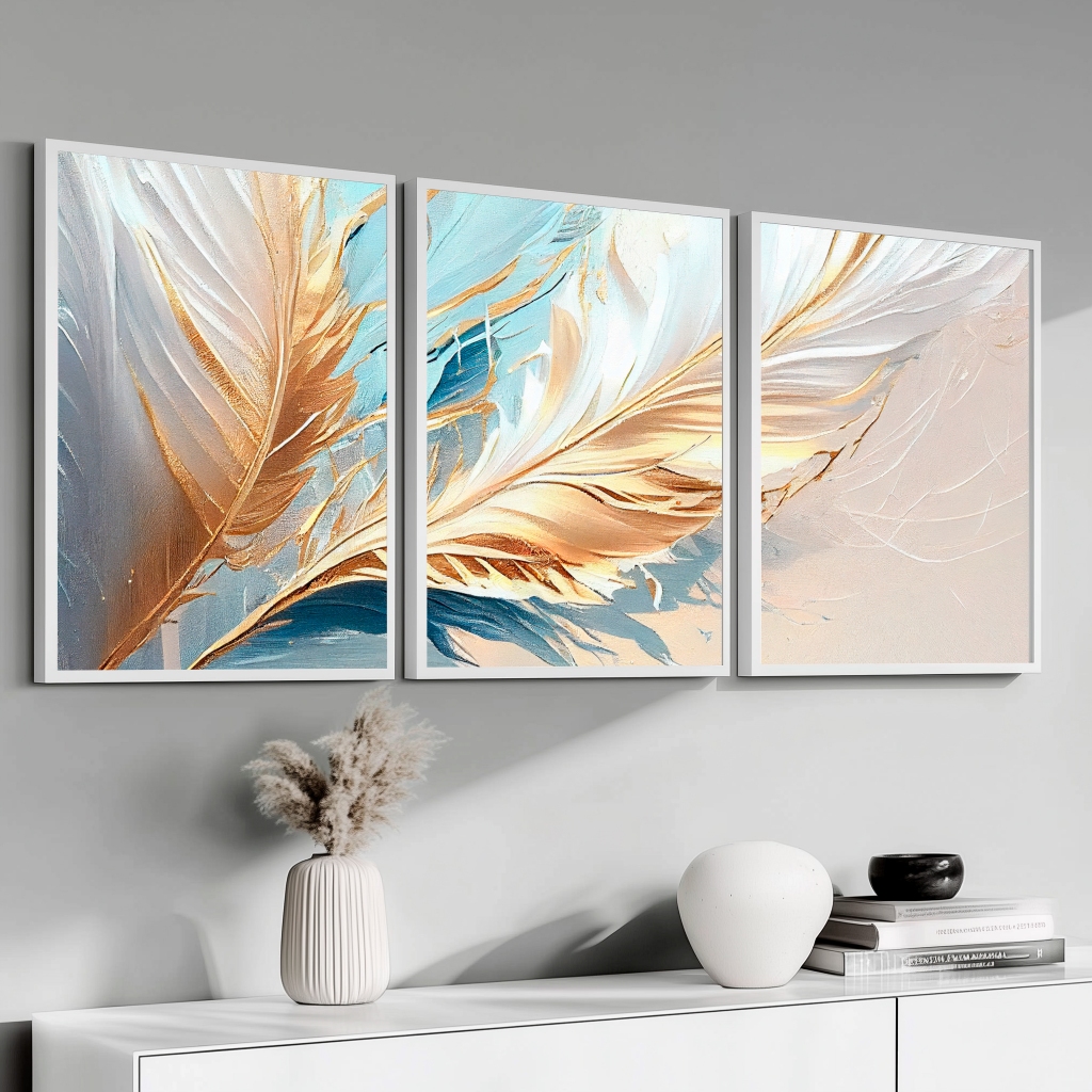 Kit 3 Quadros Decorativos Grande Luxuoso Moldura 50X70 cm Penas Douradas Para Sala De Estar Escritório