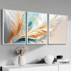 Kit 3 Quadros Decorativos Grande Luxuoso Moldura 50X70 cm Penas Douradas Para Sala De Estar Escritório
