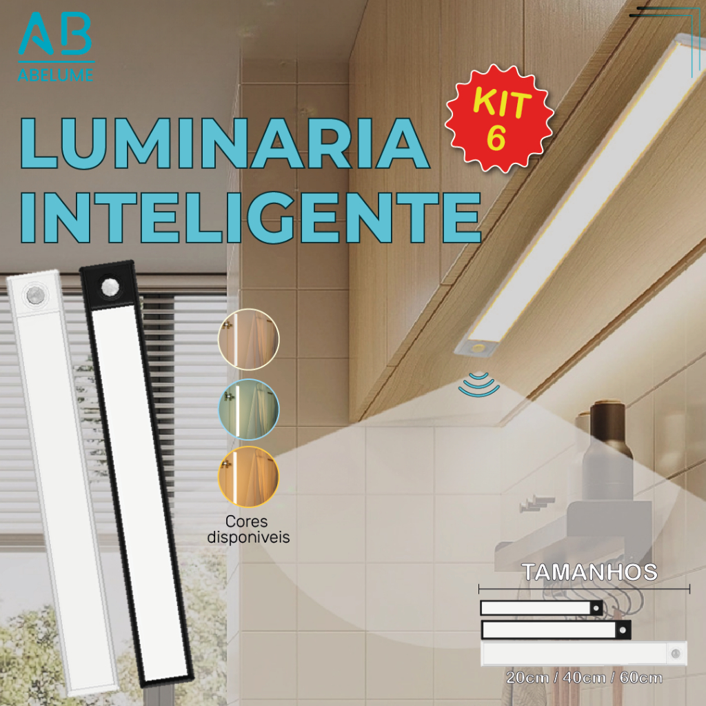Kit 6 Smart Luminária Inteligente Ultra LED com sensor de movimento sem fio e Recarregável USB fino barra 20/40/60cm