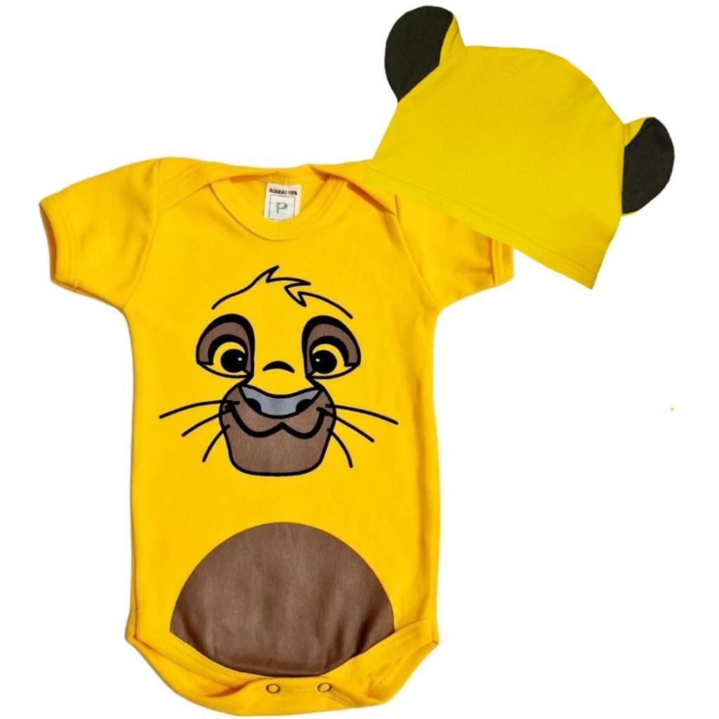 Body Bebê Temático Mesversário Fantasia Bebê Menino Ursinho Simba O Rei Leão + Touca