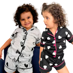 Kit 2 Pijamas Americano Infantil Menina Criança Blusa Short Blogueira Botões Curto Verão Confortável