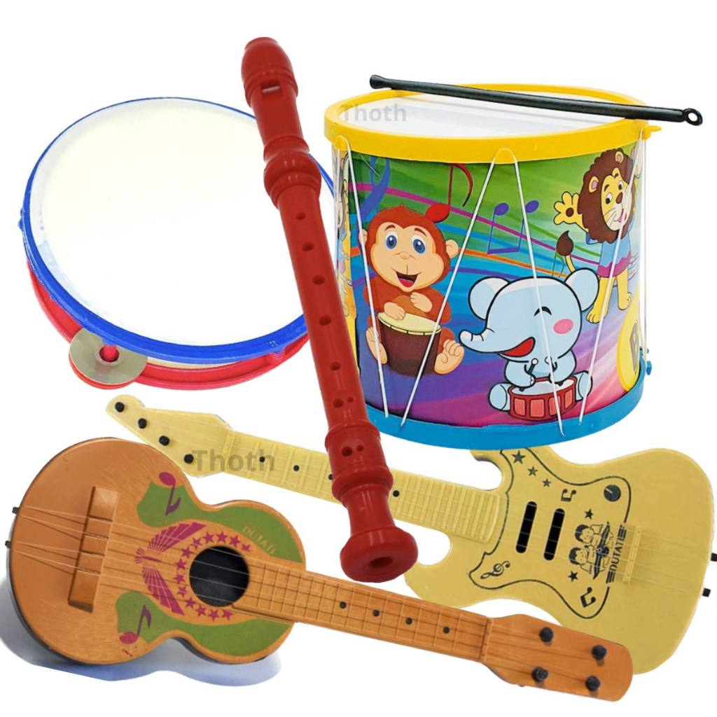 Kit Musical Brinquedo 5 Instrumentos Tambor Grande Violão pandeiro Guitarra Flauta Infantil Violinha Educacional