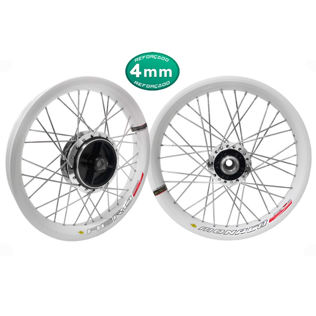 Par de Rodas Aro Aero Monaco Branco Alumínio Cubo Diamantado Raio 4mm Titan Fan 150 160 Freio Disco