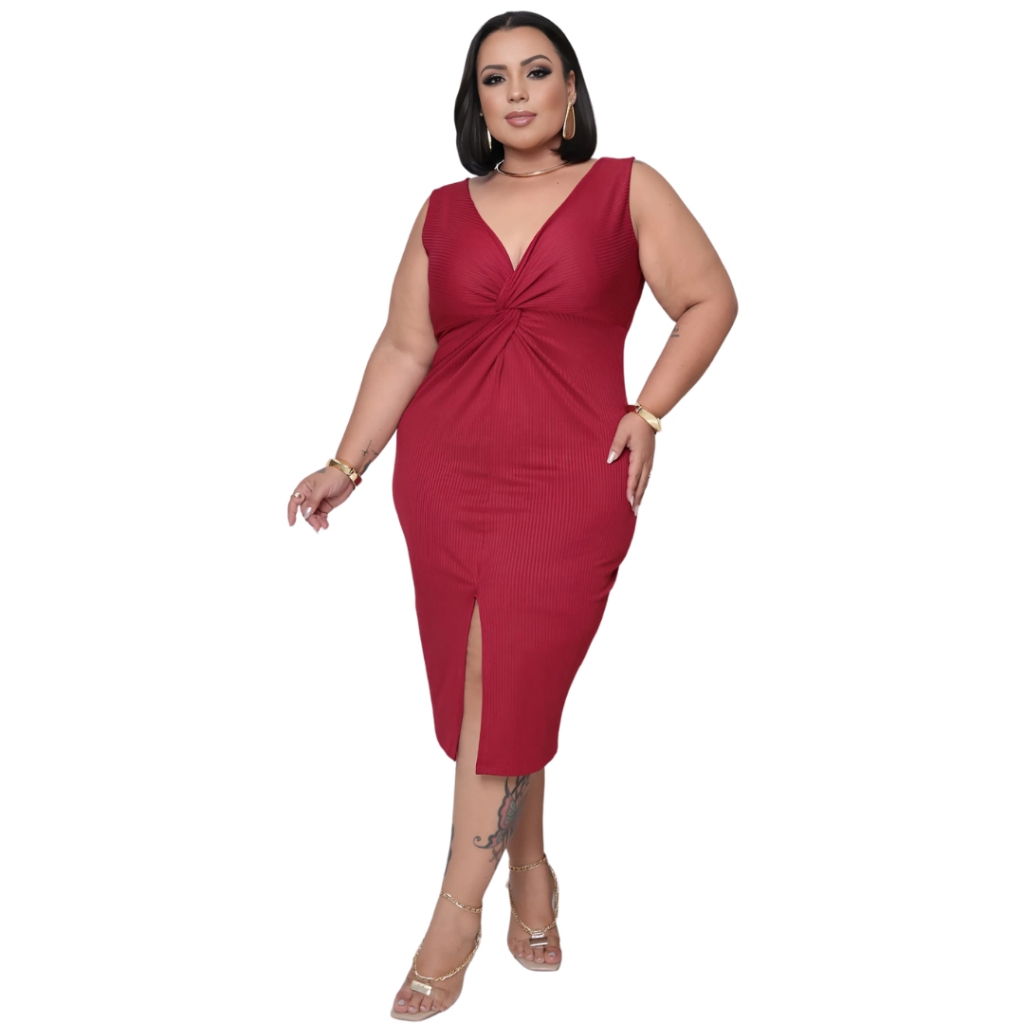 Vestido Regata Plus Size Feminino Midi Canelado gola em V fenda Frontal moda Casual feminina