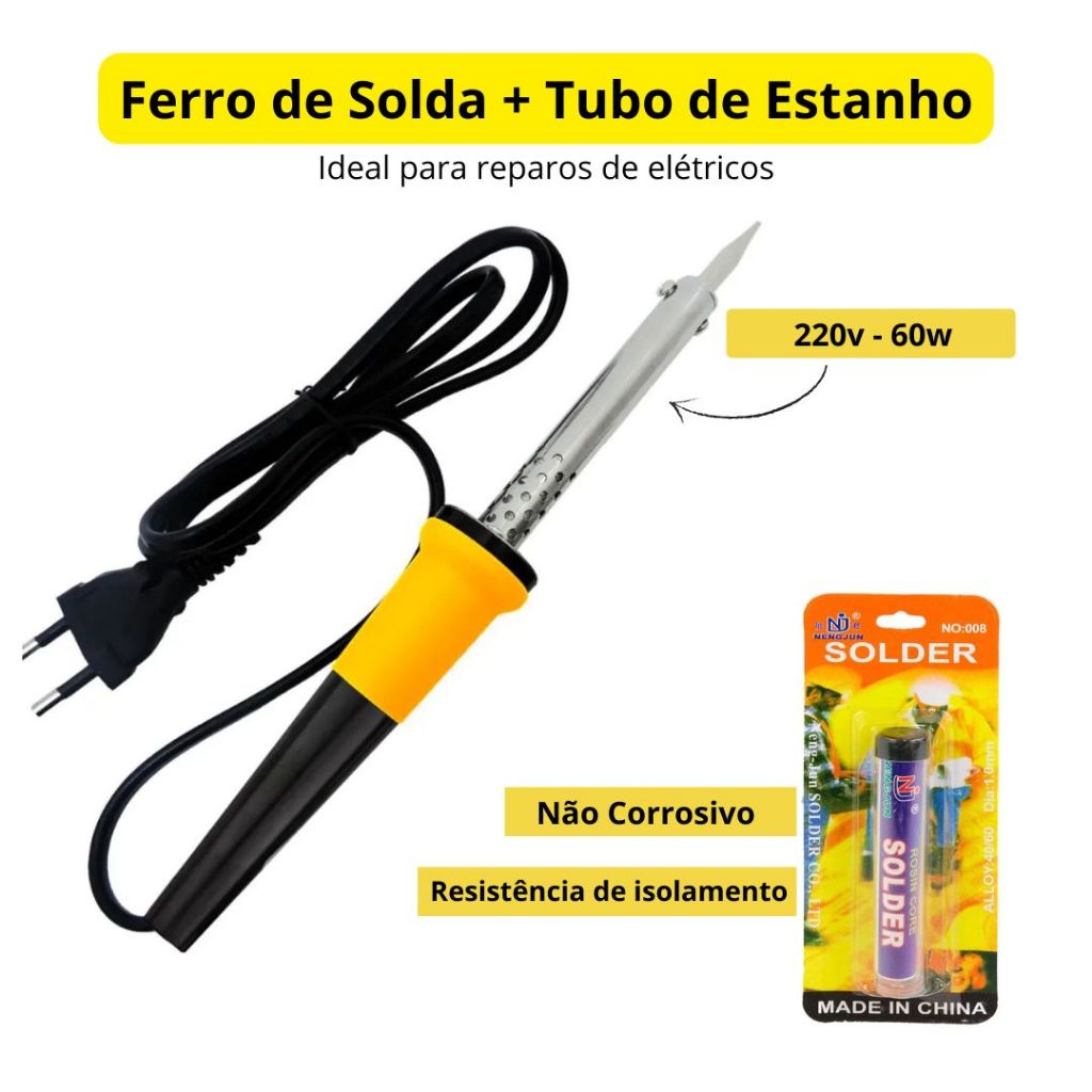 Kit Ferro de Solda 220v + Tubo de Estanho Ideal para Soldagem de Placas e Componentes Eletrônicos