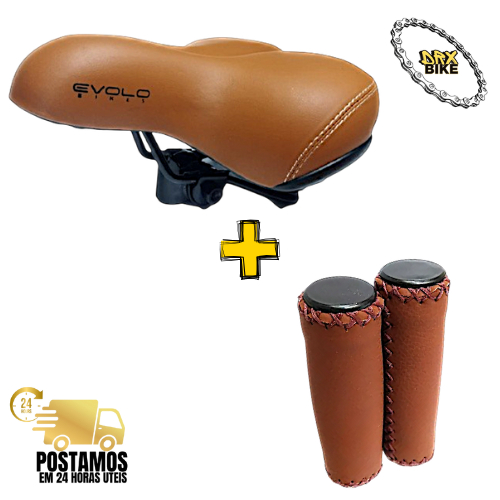 SELIM CONFORTO 2 MOLAS C/ CARRINHO - MARROM - EVOLO P/ BICICLETA + Manopla Marrom Modelo couro Costurada DRX BIKE