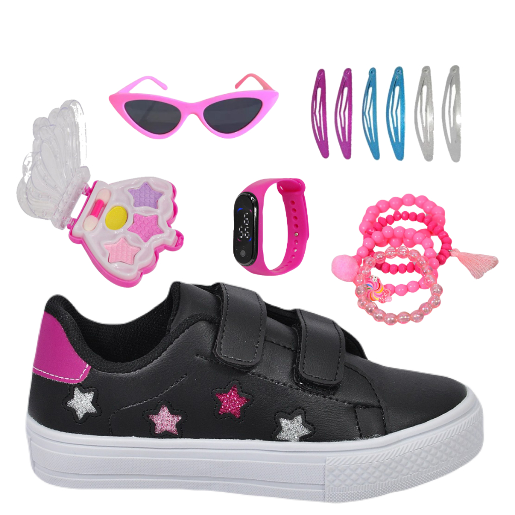 Tênis Infantil Feminino Menina Estrela Glitter + Óculos Relógio Paleta Pulseira TicTac