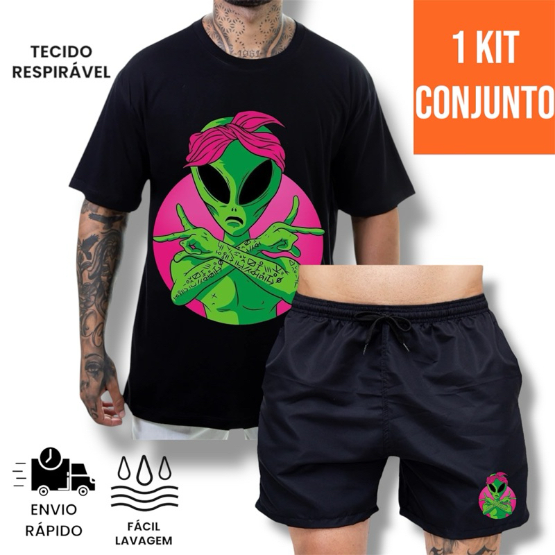 Kit Conjunto Camiseta Algodão Bermuda Praia Short Piscina Camisa Blusa Masculina Preta Promoção Estampado