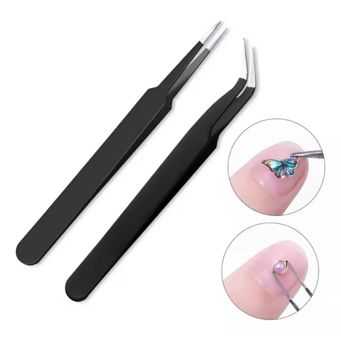 Pinça Unhas Strass Desenho e Extensão de Cilios Antiestática Aço  Preta Curvada Nail Art