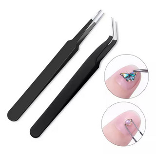 Pinça Unhas Strass Desenho e Extensão de Cilios Antiestática Aço  Preta Curvada Nail Art