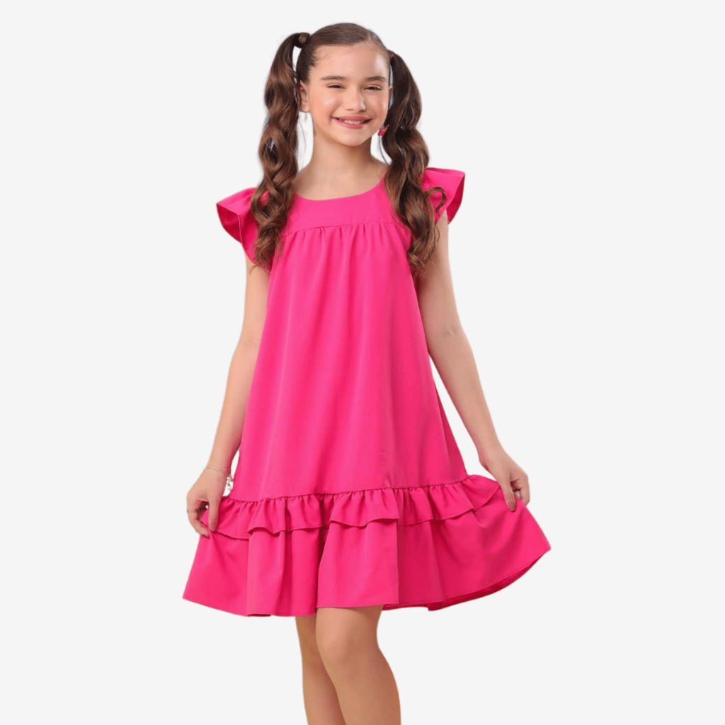 Vestido Infantil Lara Pink Liso Babado Delicado Moda Festa Menina Juvenil