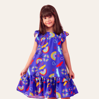 Vestido Lara Infantil Arco íris e Nuvens Roxo Babado Luxo Casual Menina Colorido em Oferta na Shopee