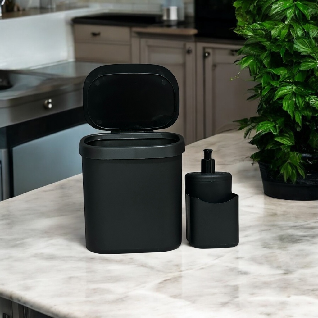 Kit Lixeira 3,5L + Porta Detergente – Organização e Praticidade (Preto)