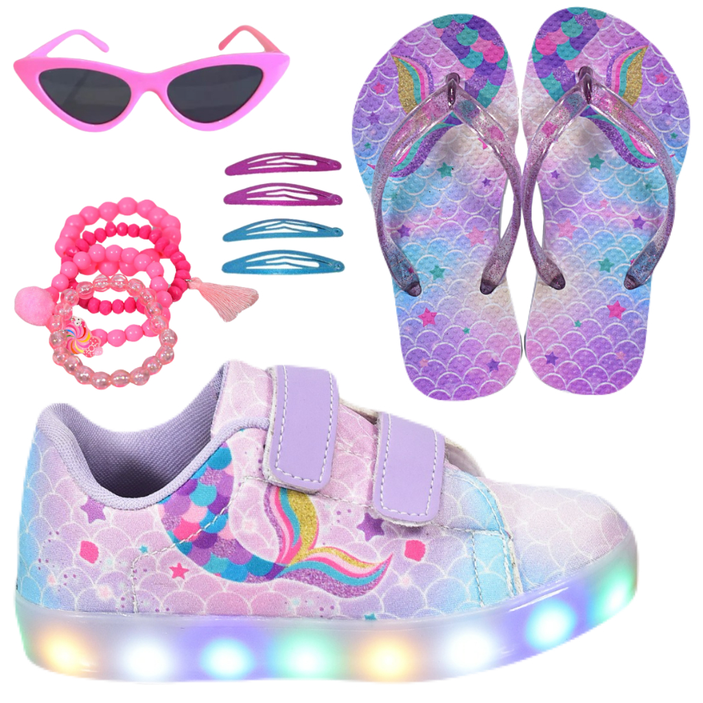 Tênis Infantil Led Feminino Sereia Cano Baixo Casual +Chinelo Tictac Pulseira Óculos