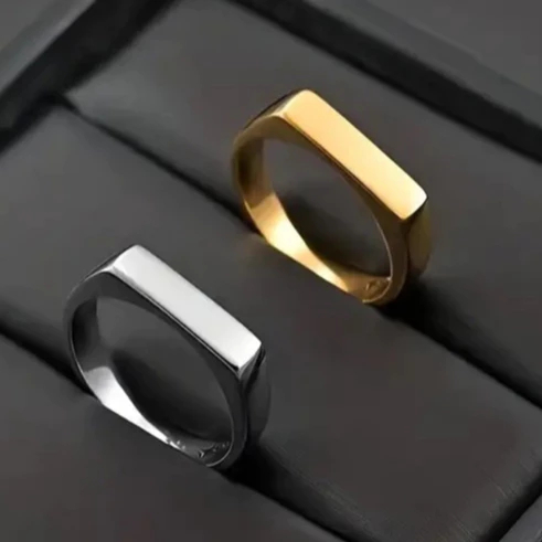 Anel quadrado Dourado Prateado Achatado Aço Inoxidável Inox Antialérgico Unissex Feminino Masculino
