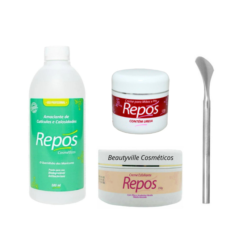 Kit Spa Repós Amaciante Cutículas e Calos 500ml + Creme Uréia 120g + Esfoliante 250g + Espátula 222 em Oferta na Shopee