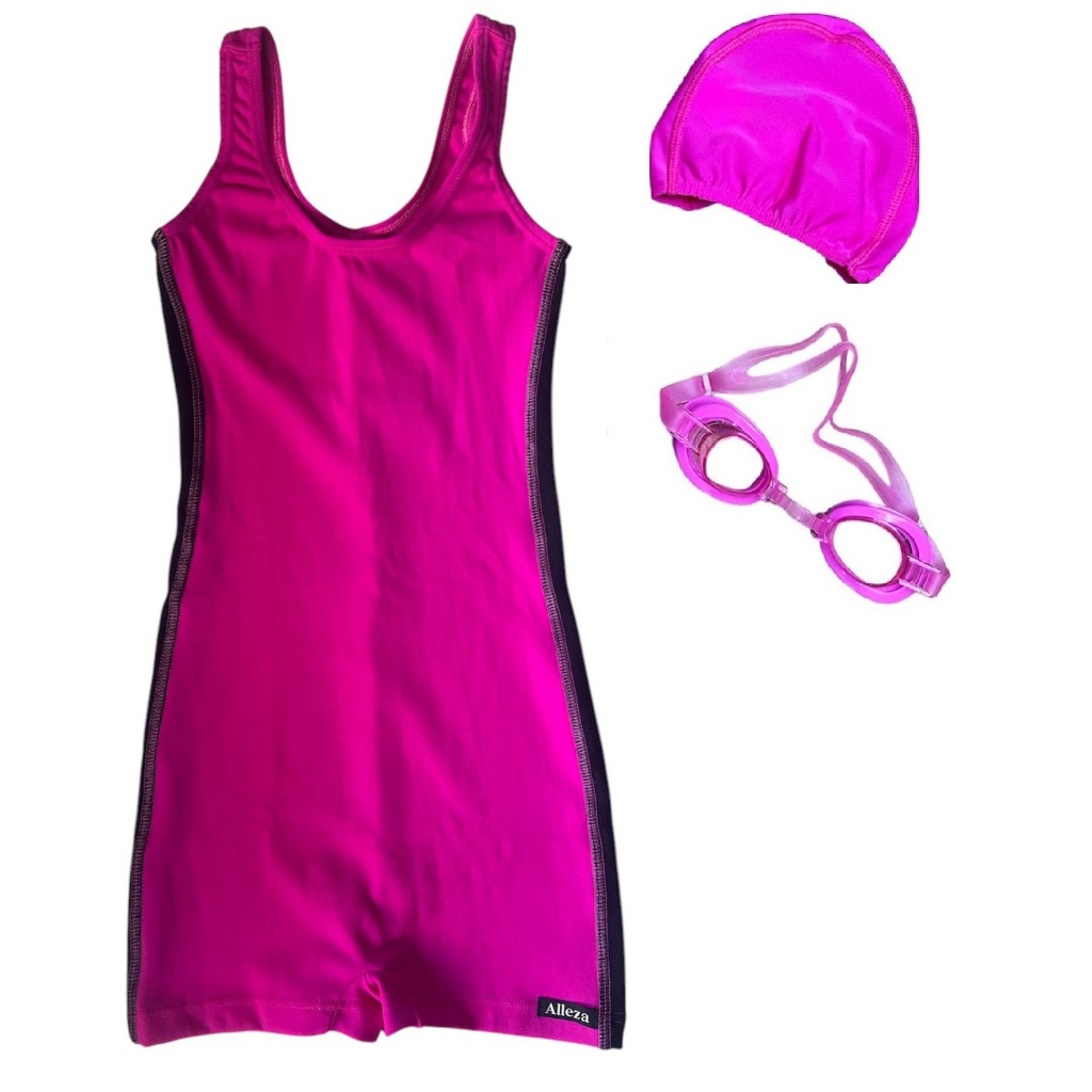 Kit Macaquinho para Natação + Touca + óculos - 6 a 16 anos - Preto ou Pink