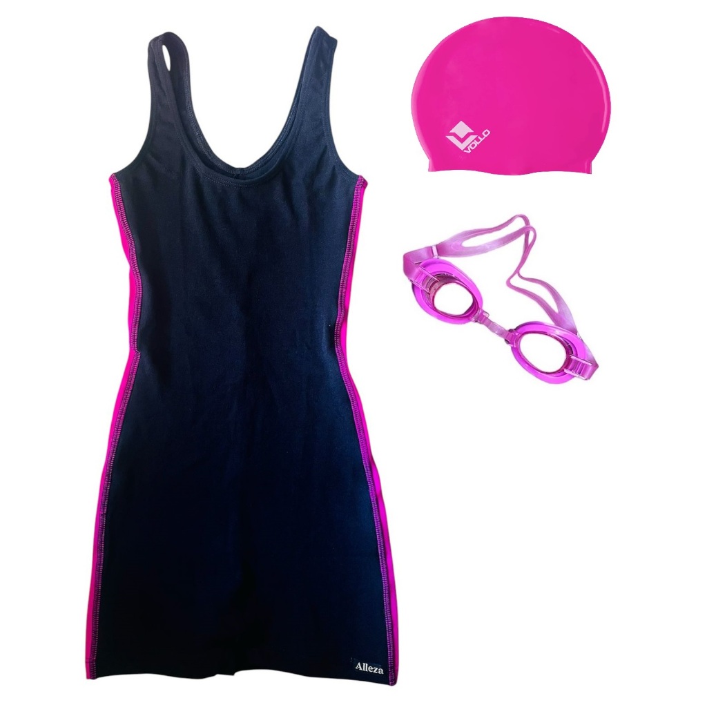 Kit Macaquinho para Natação + Touca 100% Silicone + óculos - 6 a 16 anos - Preto ou Pink