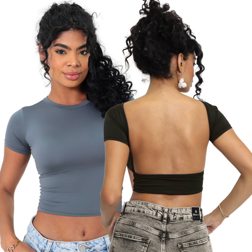 Kit 02 Baby Tee e Mostra Costas Feminina : Blusa Slim Fit Manga Curta