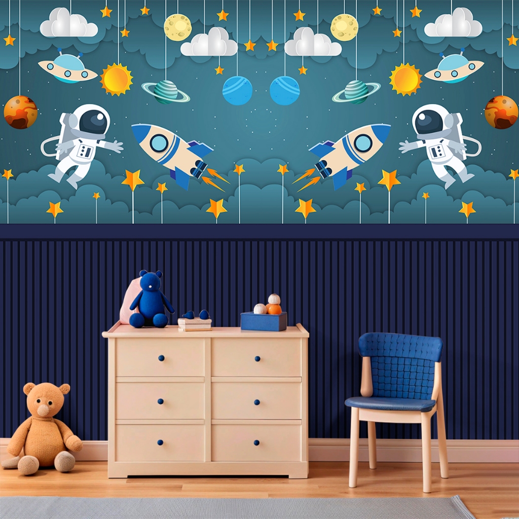 Papel De Parede Adesivo Infantil Astronauta, Planetas Com Ripado