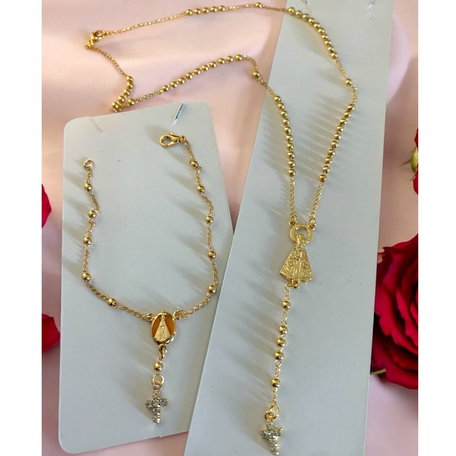 Kit Presente Corrente Folheada Nossa Senhora Aparecida+ Boton+ Pulseira Folheada Feminino