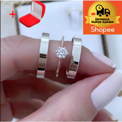 Aliança 1 Par Prata + Anel Solitário Lisa Delicada Namoro Compromisso Diamante Chanfrada 4mm