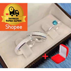 Par De Aliança + Anel Solitário De Namoro Diamantada brilho Banhada Prata Chanfrada 4mm