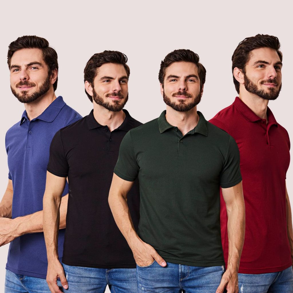 Camiseta Gola Polo Masculina Kit com 4 Básica Lisa Piquet Casual Elegante Algodão Cores variadas