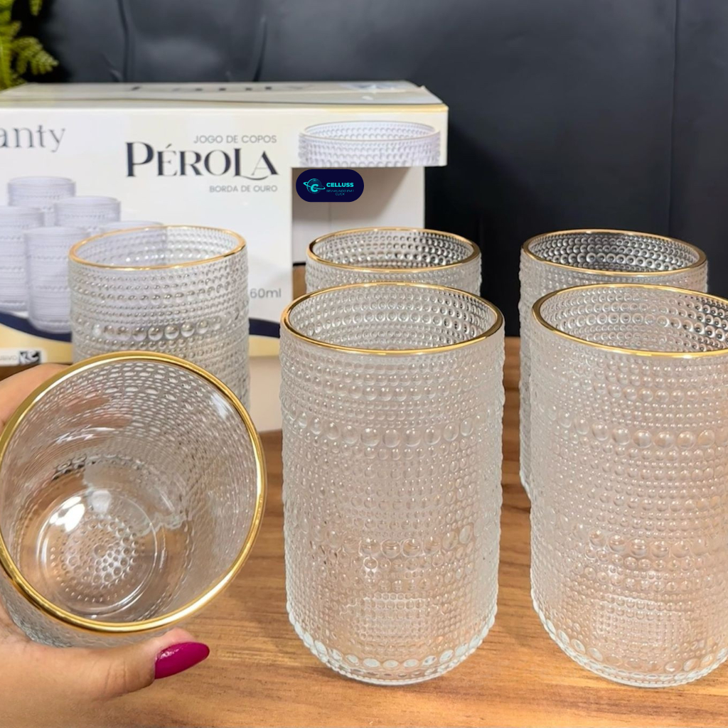 Jogo de Copos  6 peças Vidro Pérola Borda Dourada 460ml