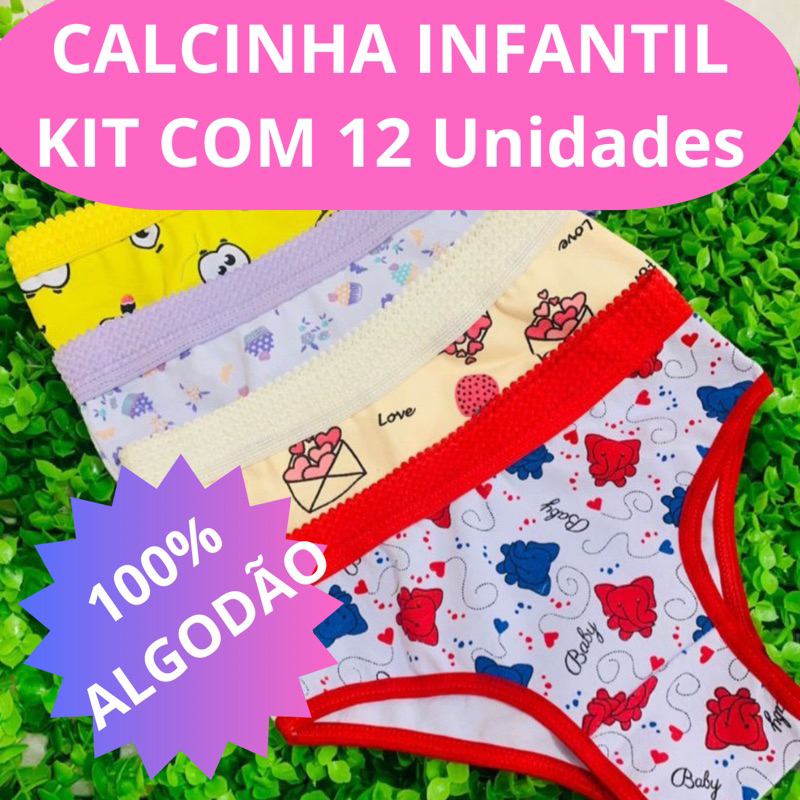 calcinha algodão Kit com 12 Unidades 0 a 10 Anos calcinha infantil  calcinha infantil menina algodão