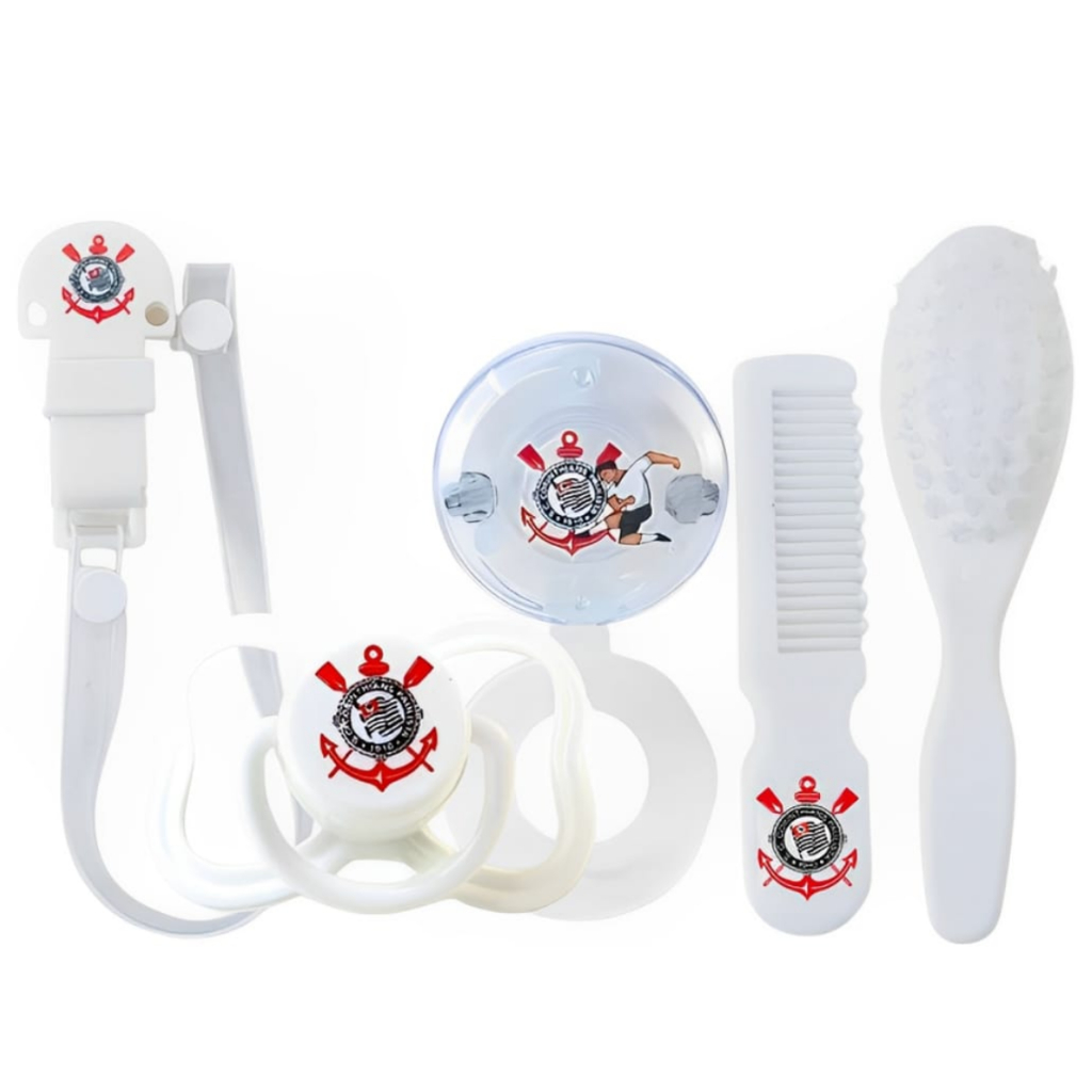 Kit Higiene 4 Pçs Corinthians Mordedor Chocalho - Prendedor de Chupeta - Escova e Pente - Chupeta