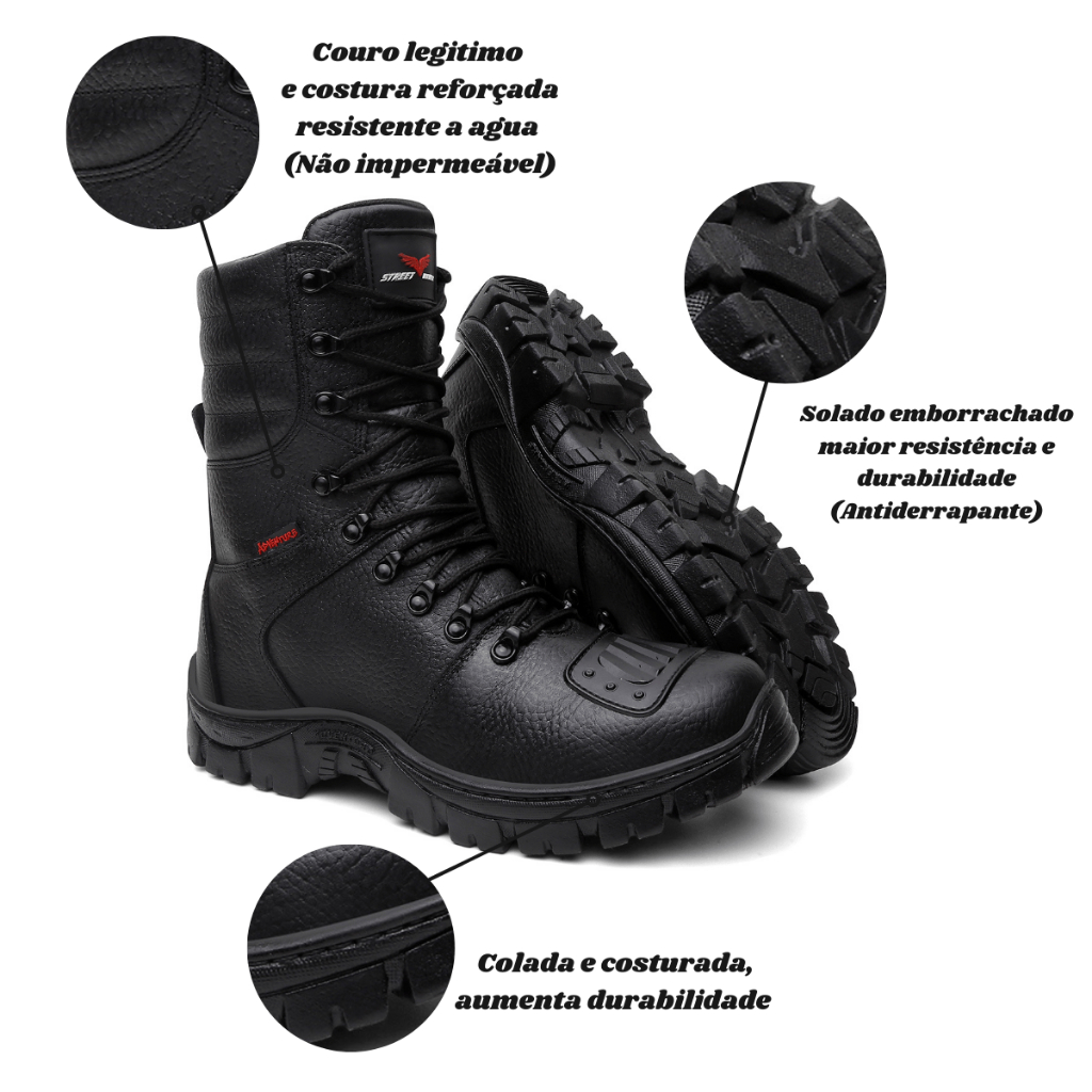Bota Coturno Tratorado Masculino Tático Militar Pm Motoqueiro Em Couro
