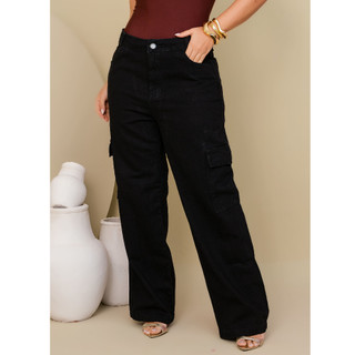 Calça Jeans Cargo Feminina Preto Com Bolsos Laterais  De Blogueira Wid Leg